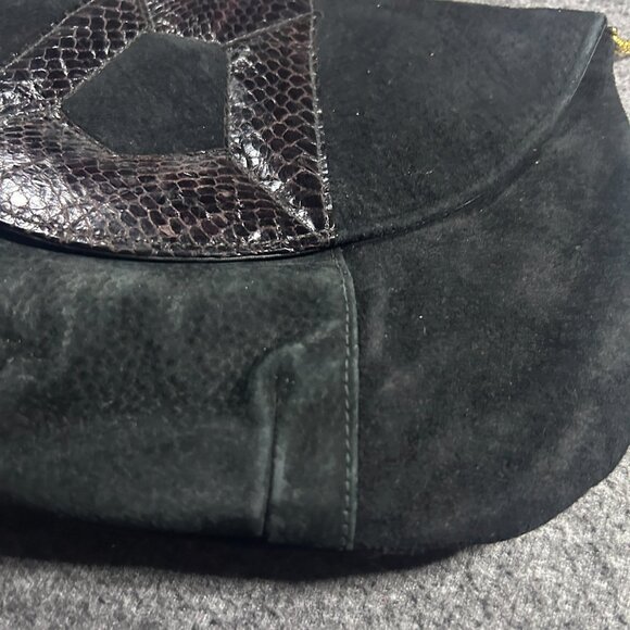 VINTAGE Ruth Saltz Handbag - Black Suede Snake Skin - Gold Chain Strap - Picture 2 of 8